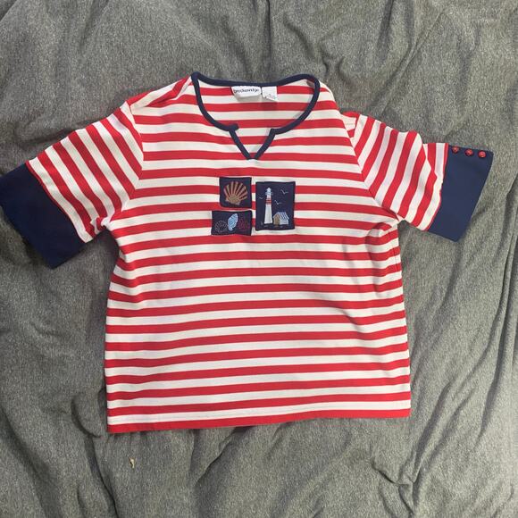 Nautical Red Striped Breckenridge V Neck T Shirt Navy Blue Trim Patches MEDIUM - Picture 2 of 11